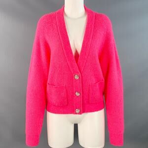 GANNI Size M Hot Pink Alpaca Blend Rhinestones Cropped Cardigan